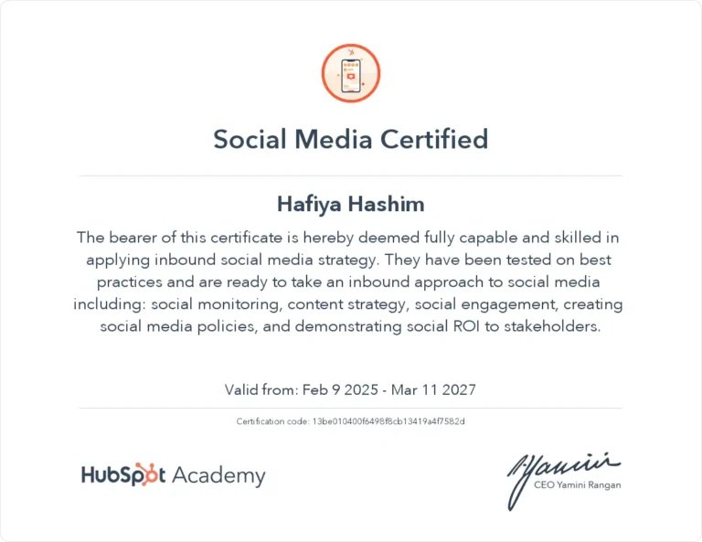 certificate of social media marketing as a freelance digital marketer in kochi